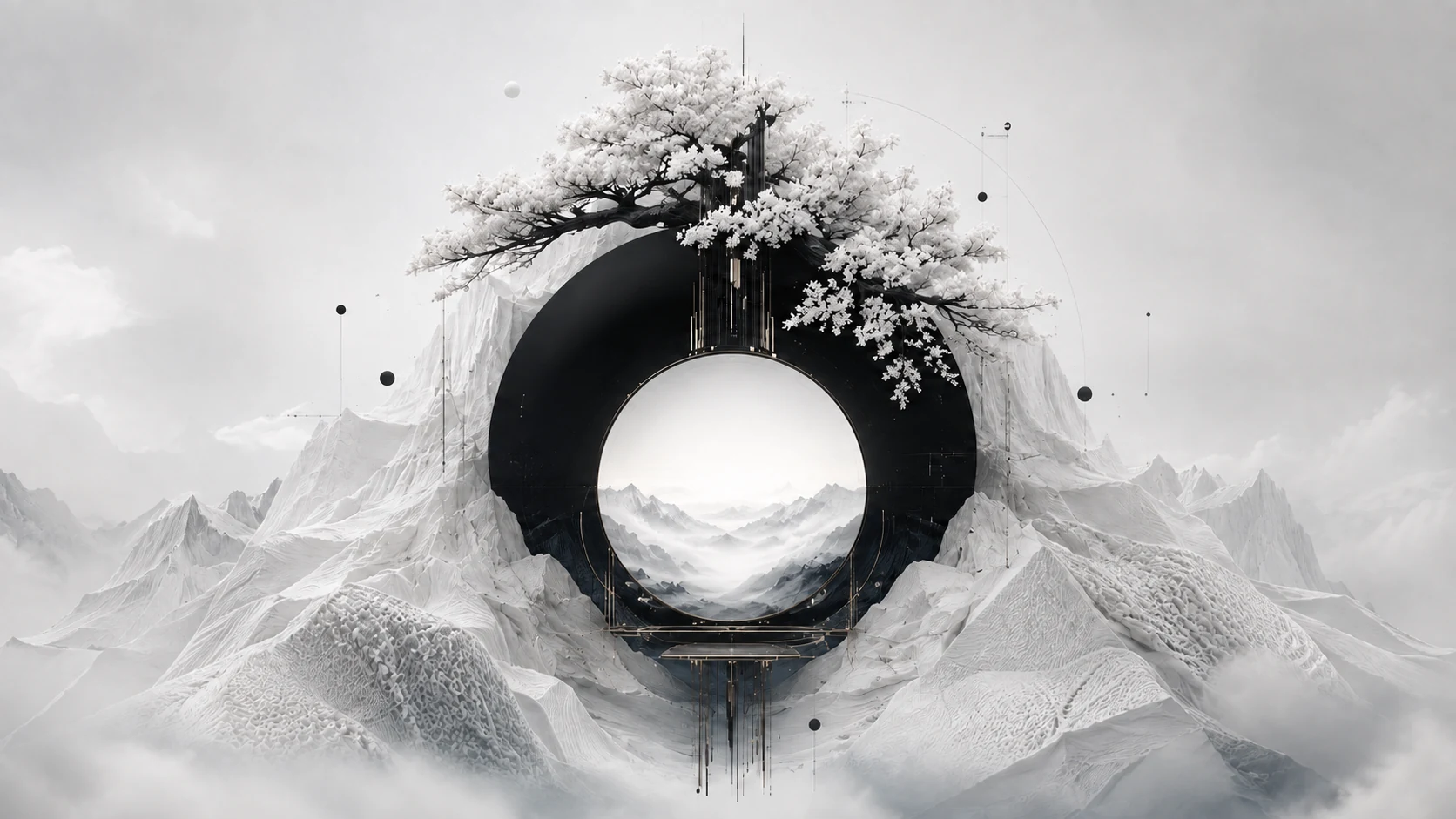 A white textile mountain surrounding a black circular architectural portal and winter tree