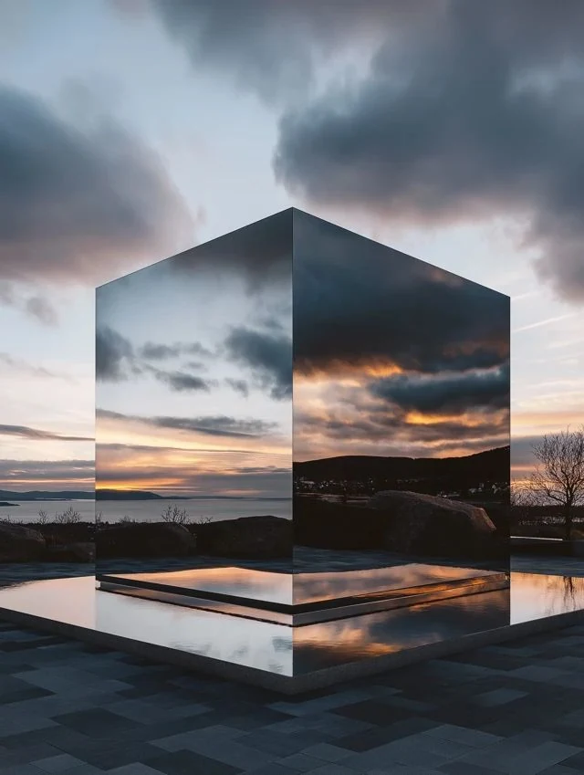 A mirrored architectural pavilion reflecting a dramatic sky